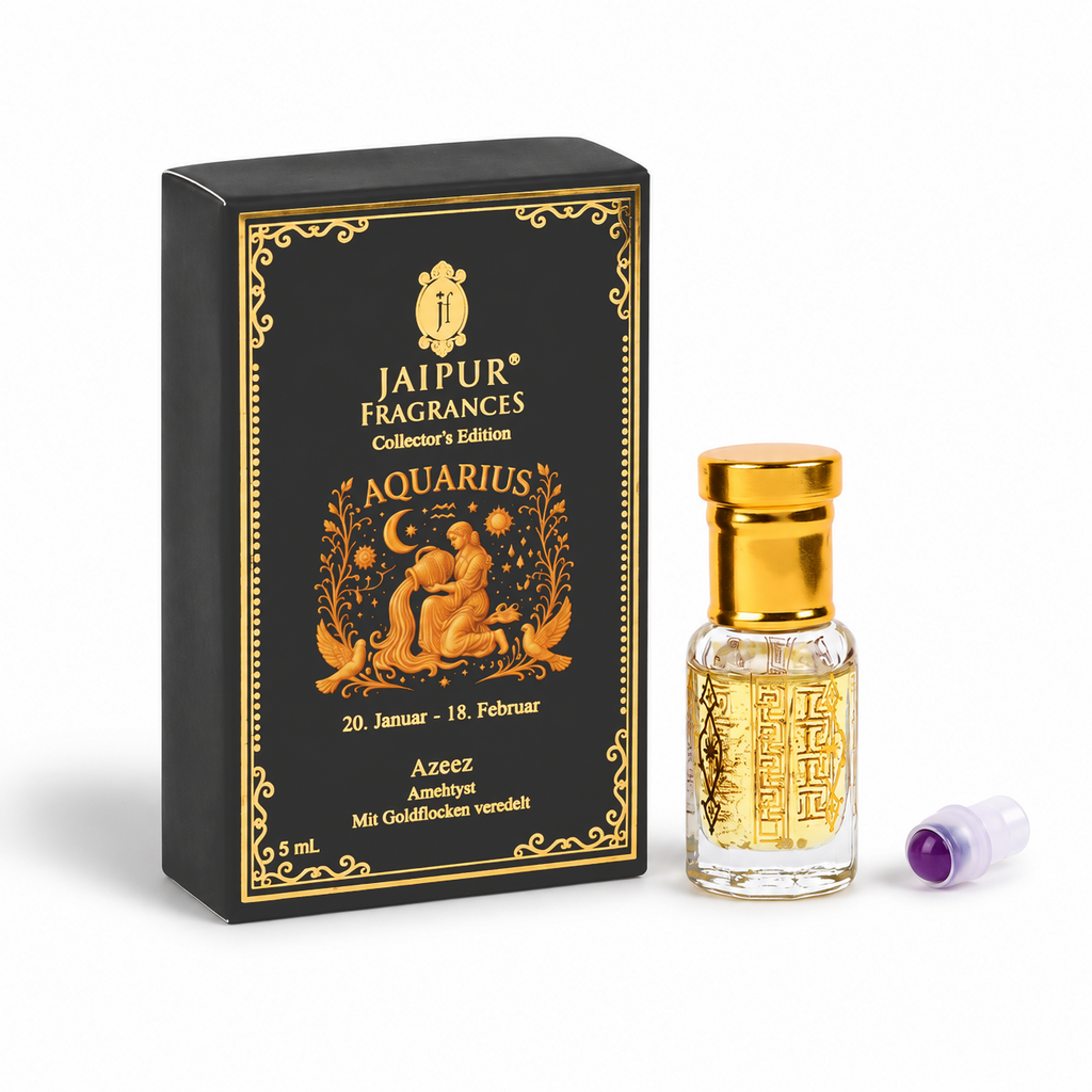Aquarius ?  Jaipur Attar / Oil: Azeez Key Notes (Vibe): Modern Aromatic • Unique Floral-Wood Blend Recommended Stone / Crystal: Amethyst (intuition & innovation) With Gold Flakes