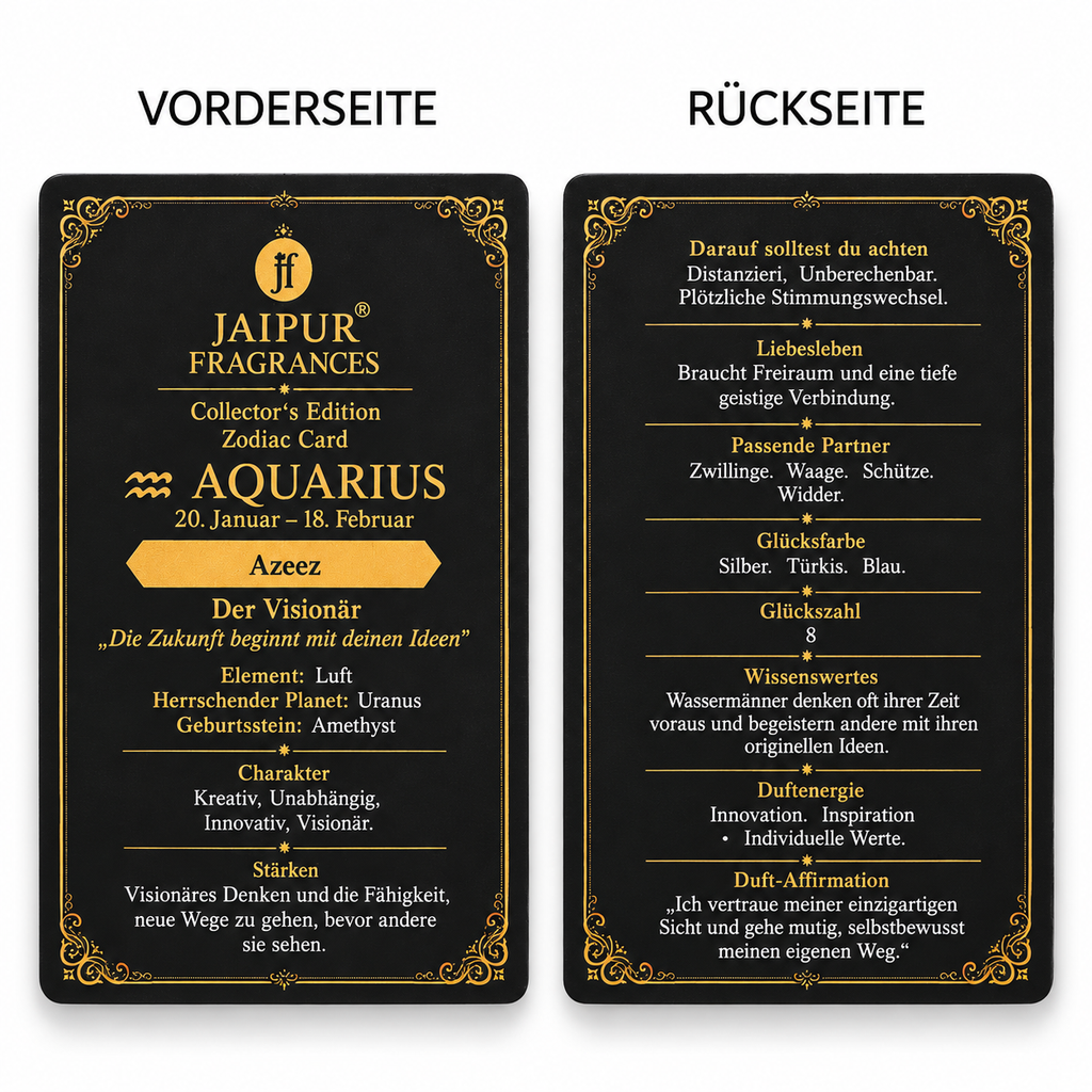 Aquarius ?  Jaipur Attar / Oil: Azeez Key Notes (Vibe): Modern Aromatic • Unique Floral-Wood Blend Recommended Stone / Crystal: Amethyst (intuition & innovation) With Gold Flakes