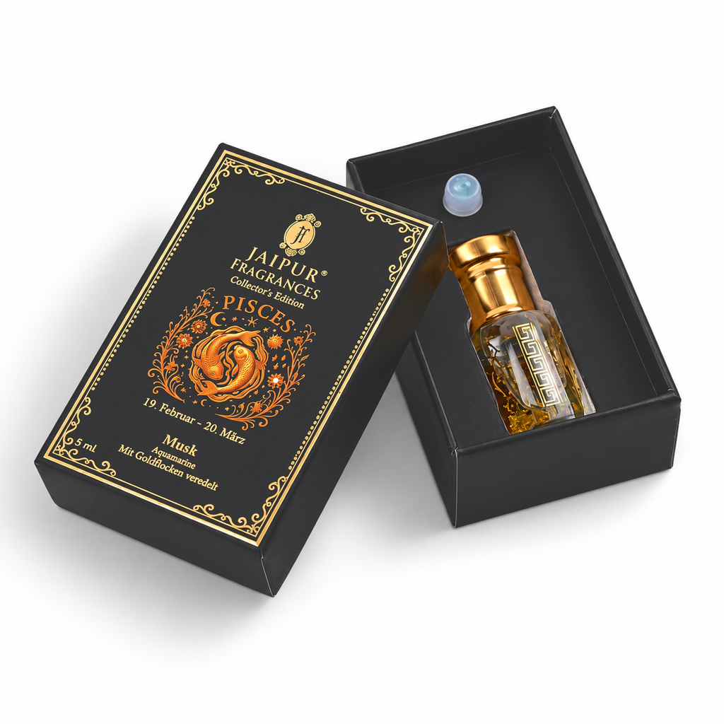 Pisces ?  Jaipur Attar / Oil: Musk Key Notes (Vibe): Soft Musk • Dreamy Comfort • Spiritual Warmth Recommended Stone / Crystal: Aquamarine (peace & flow) With Gold Flakes