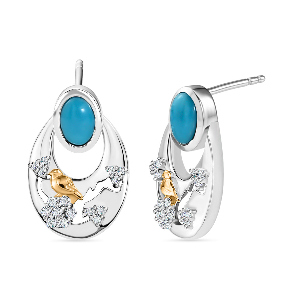 GP - Sleeping Beauty Türkis, Kanchanaburi Blauer Saphir Ohrringe 925 Silber Rhodiniert und 750 Gelbgold Vermeil ca. 1.36 ct