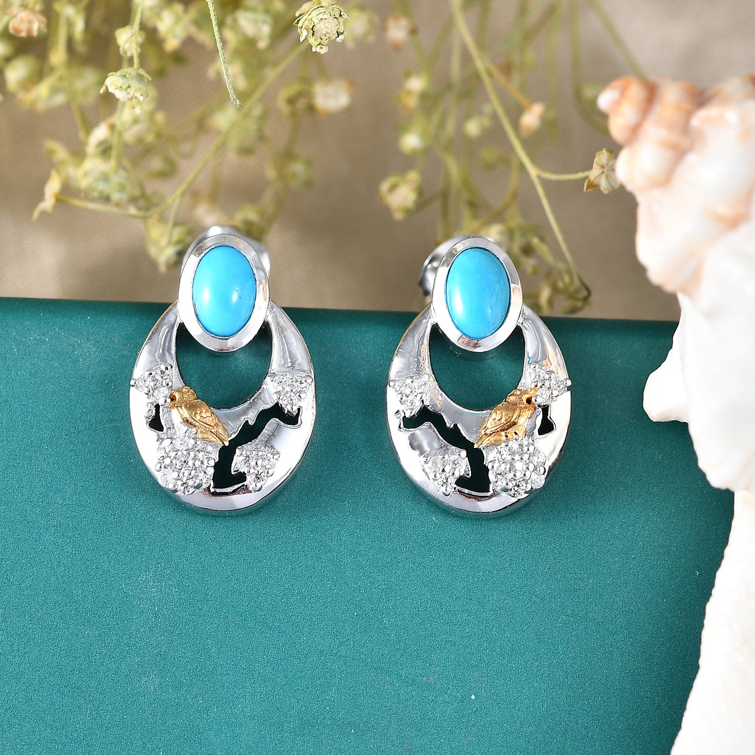 GP - Sleeping Beauty Türkis, Kanchanaburi Blauer Saphir Ohrringe 925 Silber Rhodiniert und 750 Gelbgold Vermeil ca. 1.36 ct