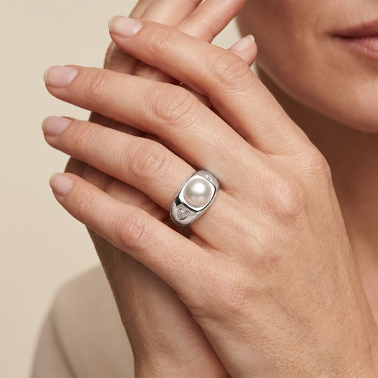Weiße Muschelkernperle (10-10.5 mm), Weißer Zirkonia Ring Nickelfreies Messing Rhodiniert (Größe 18.00)