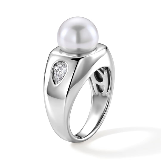 Weiße Muschelkernperle (10-10.5 mm), Weißer Zirkonia Ring Nickelfreies Messing Rhodiniert (Größe 18.00)