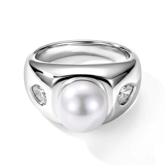 Weiße Muschelkernperle (10-10.5 mm), Weißer Zirkonia Ring Nickelfreies Messing Rhodiniert (Größe 18.00)