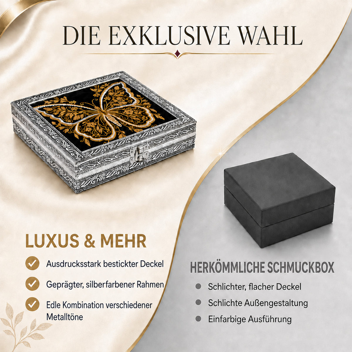 LIVMORE Schmuckbox mit Schmetterlingsprägung, Edle Aufbewahrung, 20 x 20 x 5 cm