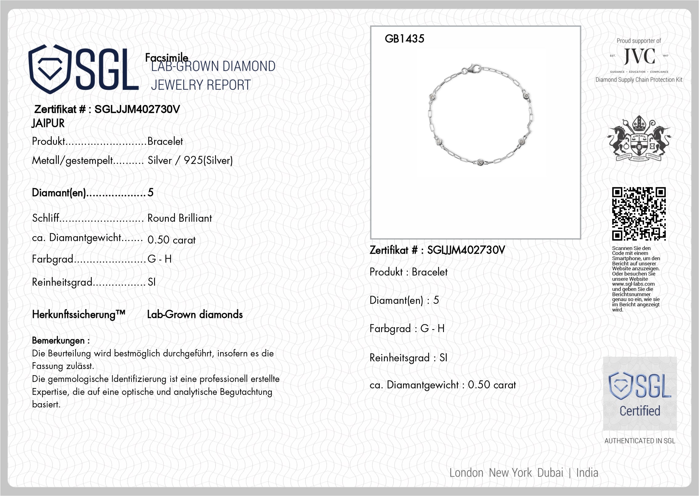 LUXURIANT DIAMOND - Lab Grown Diamant SI-GH SGL zertifiziert Armband ca. 19 cm 925 Silber Rhodiniert ca. 0,55 ct.