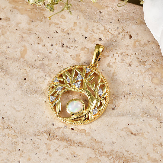 D'Joy AA Natürlicher, äthiopischer Welo Opal, Weißer Zirkon Anhänger 925 Silber Gold ca. 0.46 ct