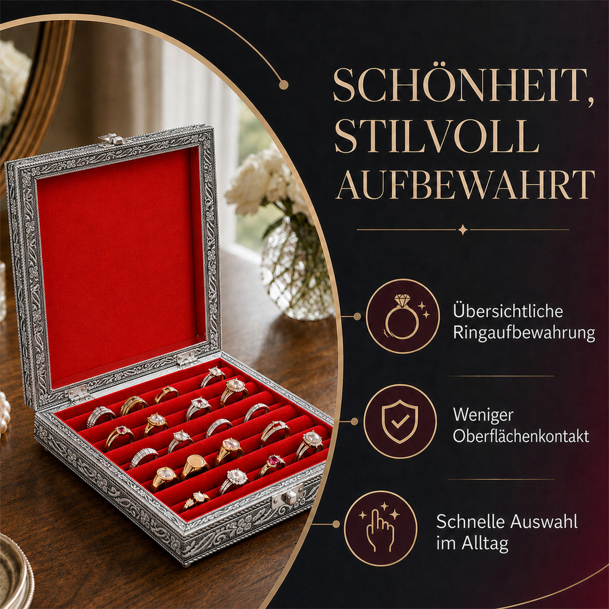 LIVMORE Schmuckbox mit Pfauenprägung, Edle Aufbewahrung, 20 x 20 x 5 cm