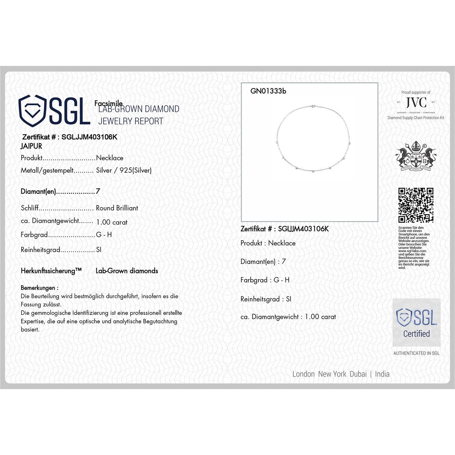 LUXURIANT DIAMOND - Lab Grown Diamant SI-GH SGL zertifiziert Halskette ca. 45 cm 925 Silber 750 Gelbgold vermeil ca. 1,02 ct.