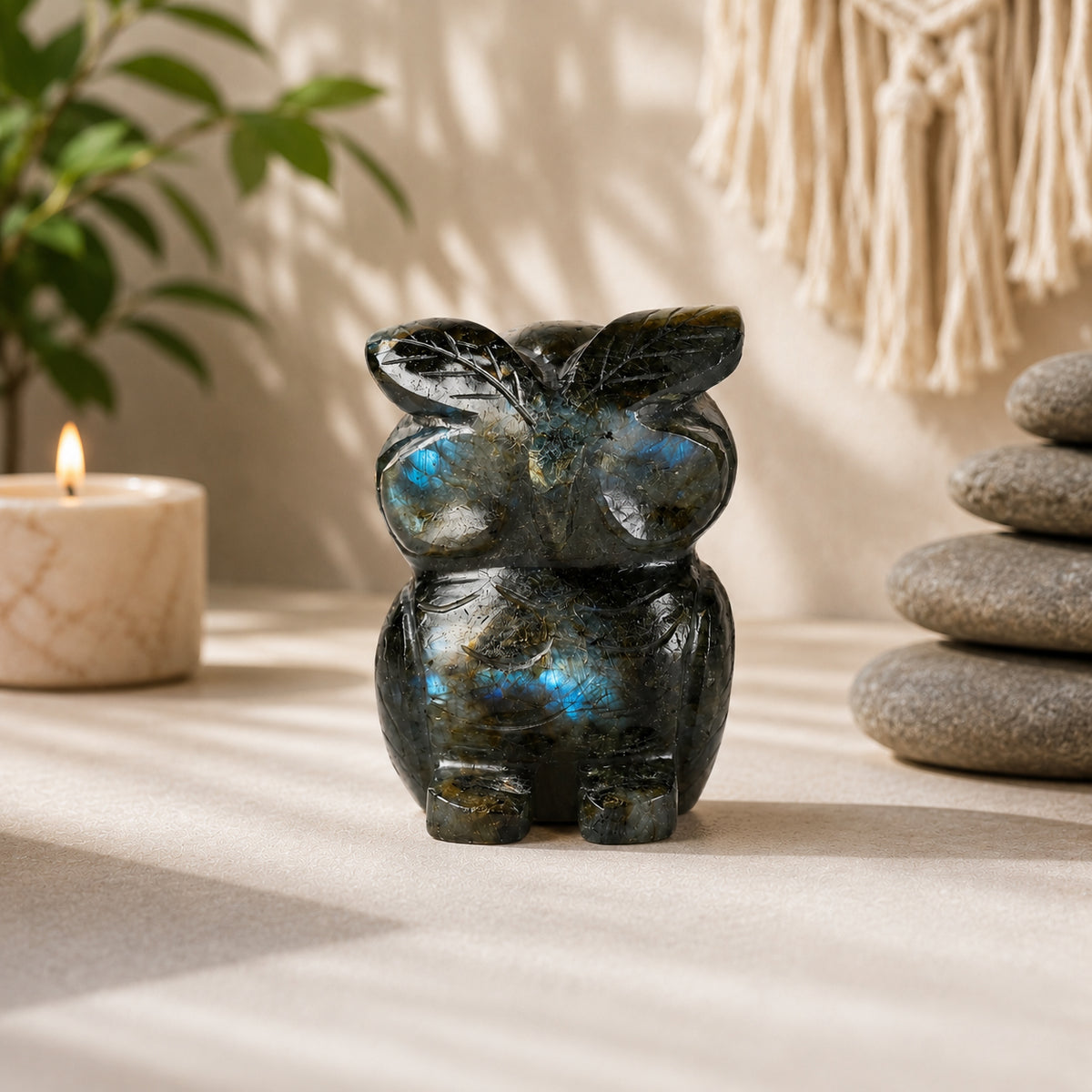Livmore Hand carved labrodorite gemstone owl size - 6 to 6.5 cm height  colour - dark green