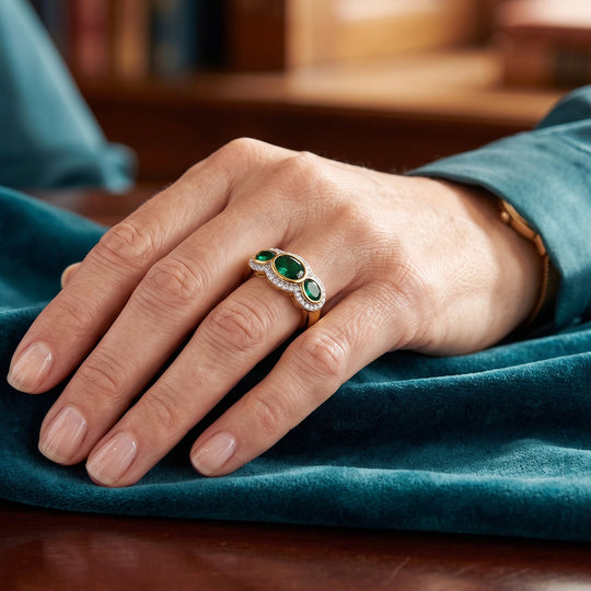LUXURIANT AAA Labor Smaragd und Zirkon Ring, 925 Silber 750 Gelbgold Vermeil - 2,60 ct.