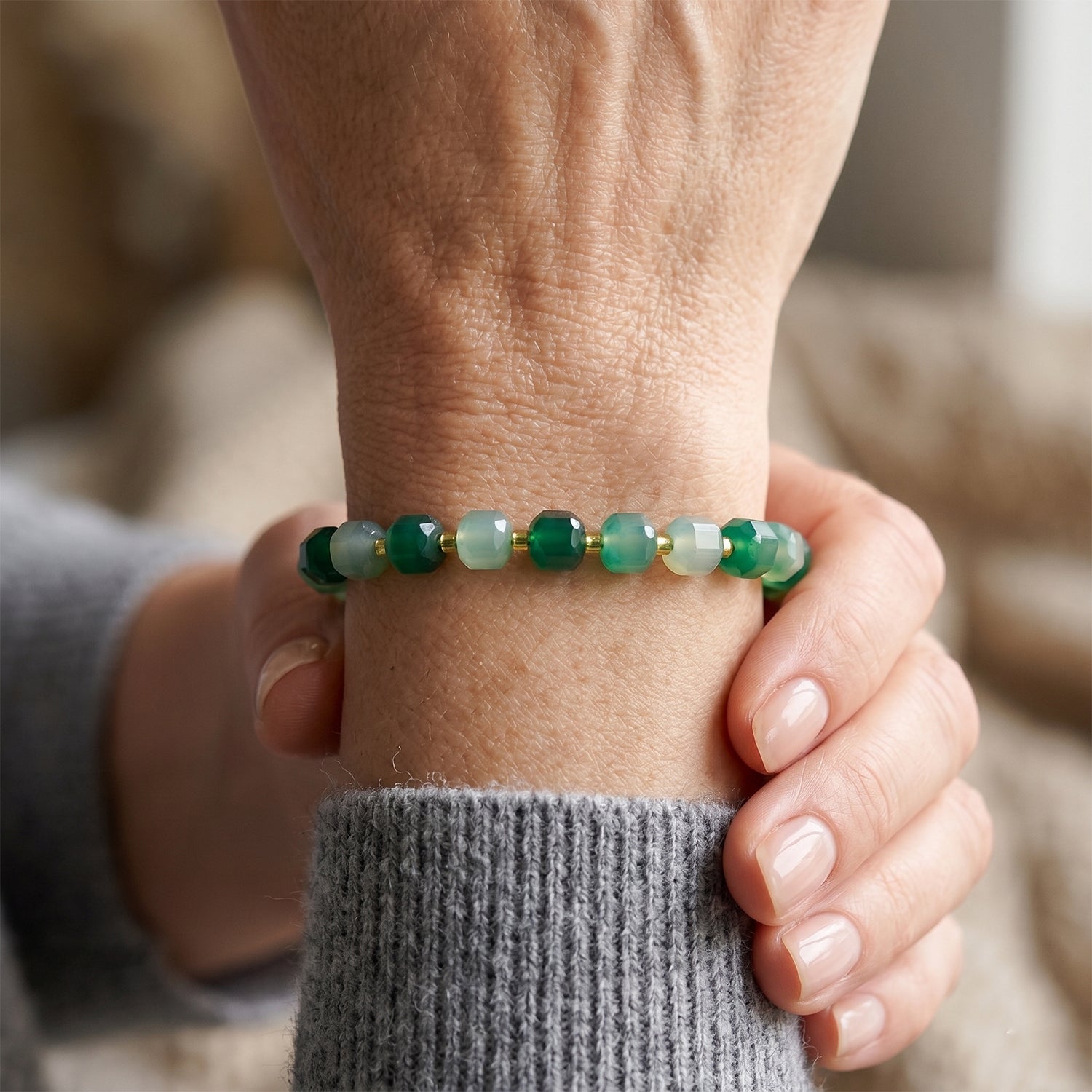 Grüner Achat, Glas Armband ca. Flexibles cm 316L Edelstahl 58.00 ct