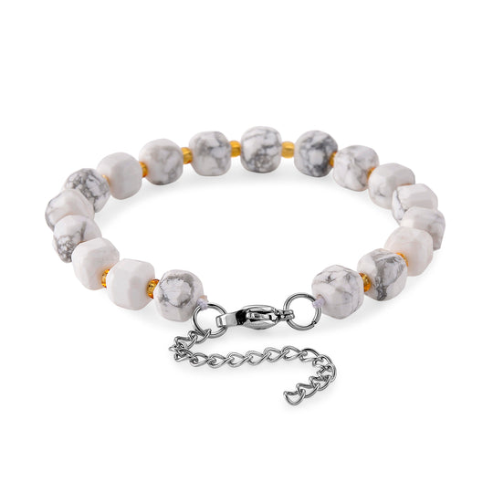 Weißer Howlit, Glas Armband, flexibel, 316L Edelstahl 58.00 ct