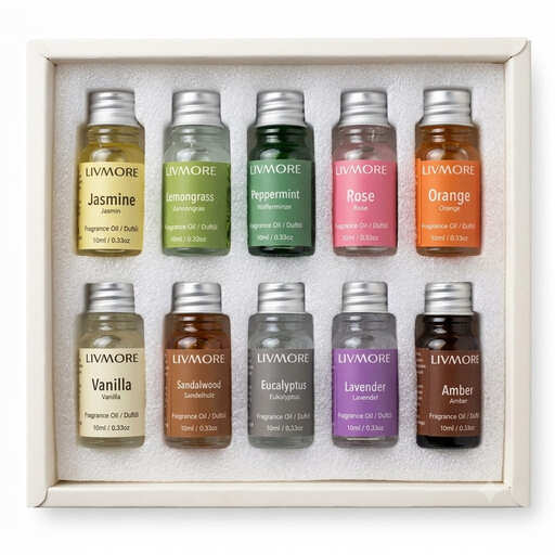 LIVMORE- Set mit 12 ätherischen Ölen (Minze, Lavendel, Eukalyptus, Zitronengras, Orange, Rose, Jasmin, Vanille, Sandelholz und Amber)