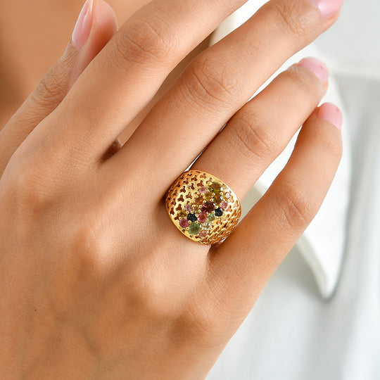 D'Joy AA Mehrfarbig-Turmalin Ring 925 Silber 750 Gelbgold vermeil (Größe 21.00) ca. 1,37 ct