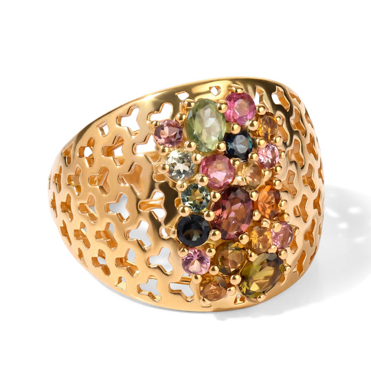 D'Joy AA Mehrfarbig-Turmalin Ring 925 Silber 750 Gelbgold vermeil (Größe 21.00) ca. 1,37 ct