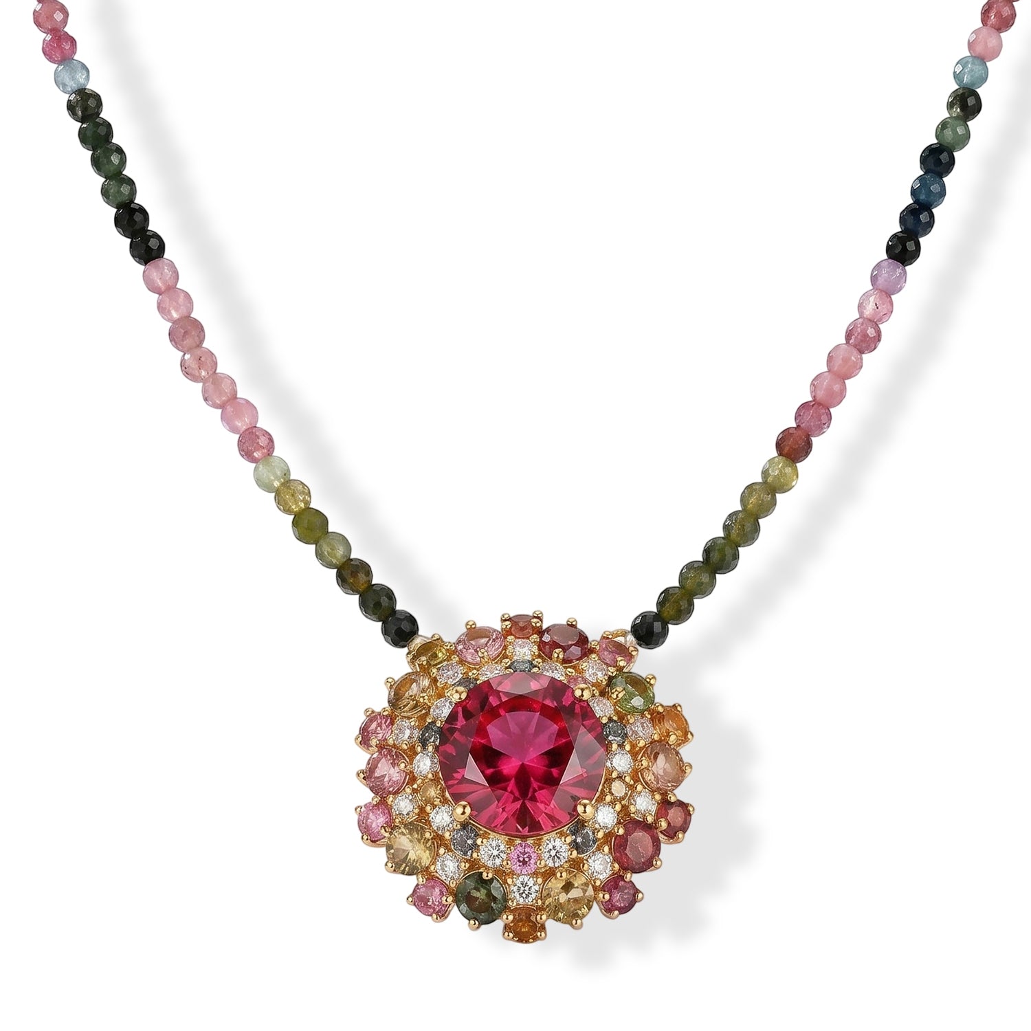D'Joy Lab Grown Padparadscha-Saphir, Mehrfarbig- Turmalin Halskette ca. 45 cm 925 Silber 750 Gelbgold vermeil ca. 35.90 ct
