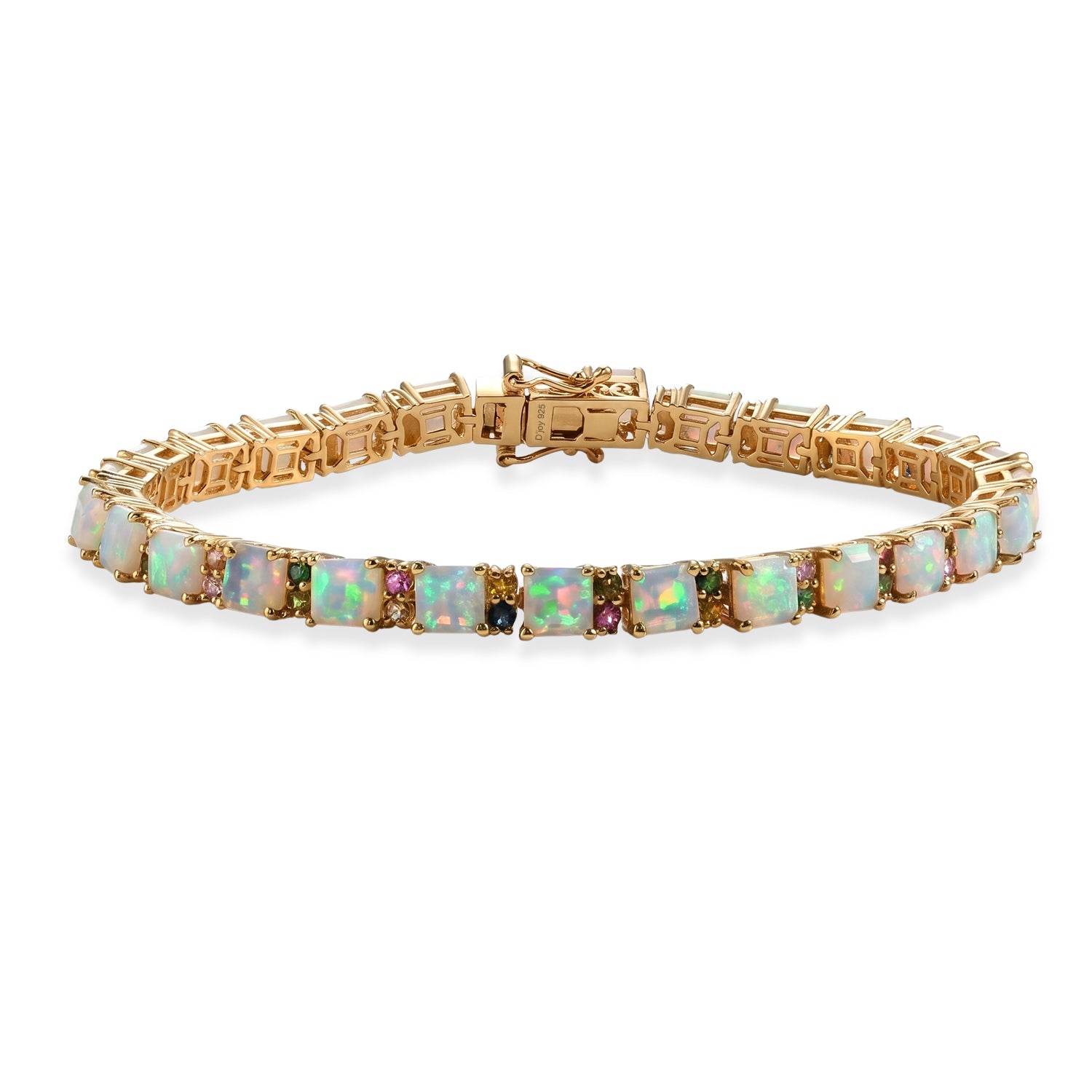 EXKLUSIVES ASSCHERSCHLIFF OPAL - D'Joy AA Natürlicher, äthiopischer Welo Opal, Blauer Turmalin Armband ca. 20 cm 925 Silber 750 Gelbgold vermeil ca. 14.45 ct