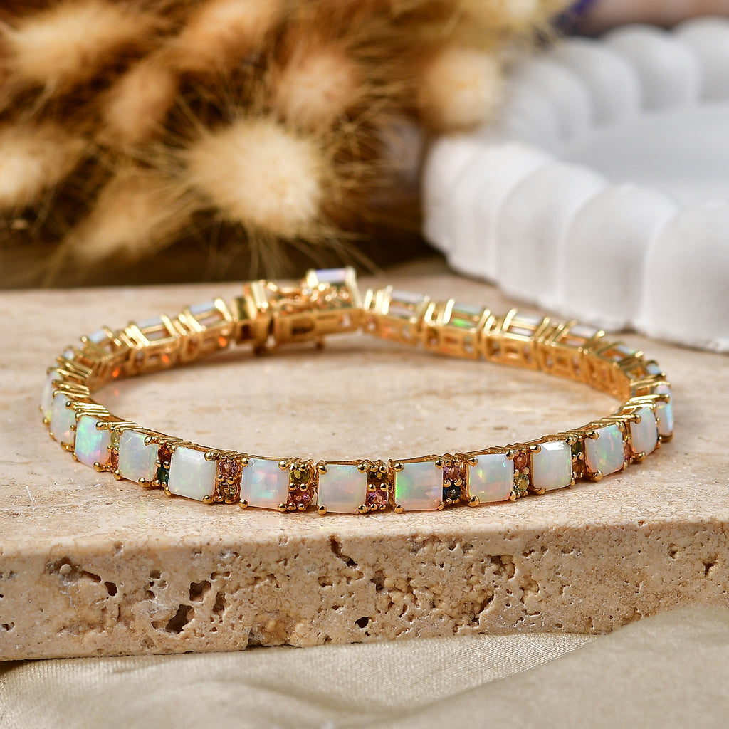 EXKLUSIVES ASSCHERSCHLIFF OPAL - D'Joy AA Natürlicher, äthiopischer Welo Opal, Blauer Turmalin Armband ca. 20 cm 925 Silber 750 Gelbgold vermeil ca. 14.45 ct