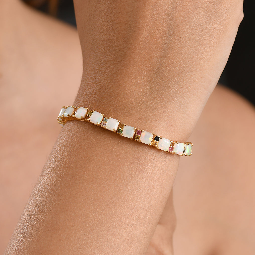 EXKLUSIVES ASSCHERSCHLIFF OPAL - D'Joy AA Natürlicher, äthiopischer Welo Opal, Blauer Turmalin Armband ca. 20 cm 925 Silber 750 Gelbgold vermeil ca. 14.45 ct