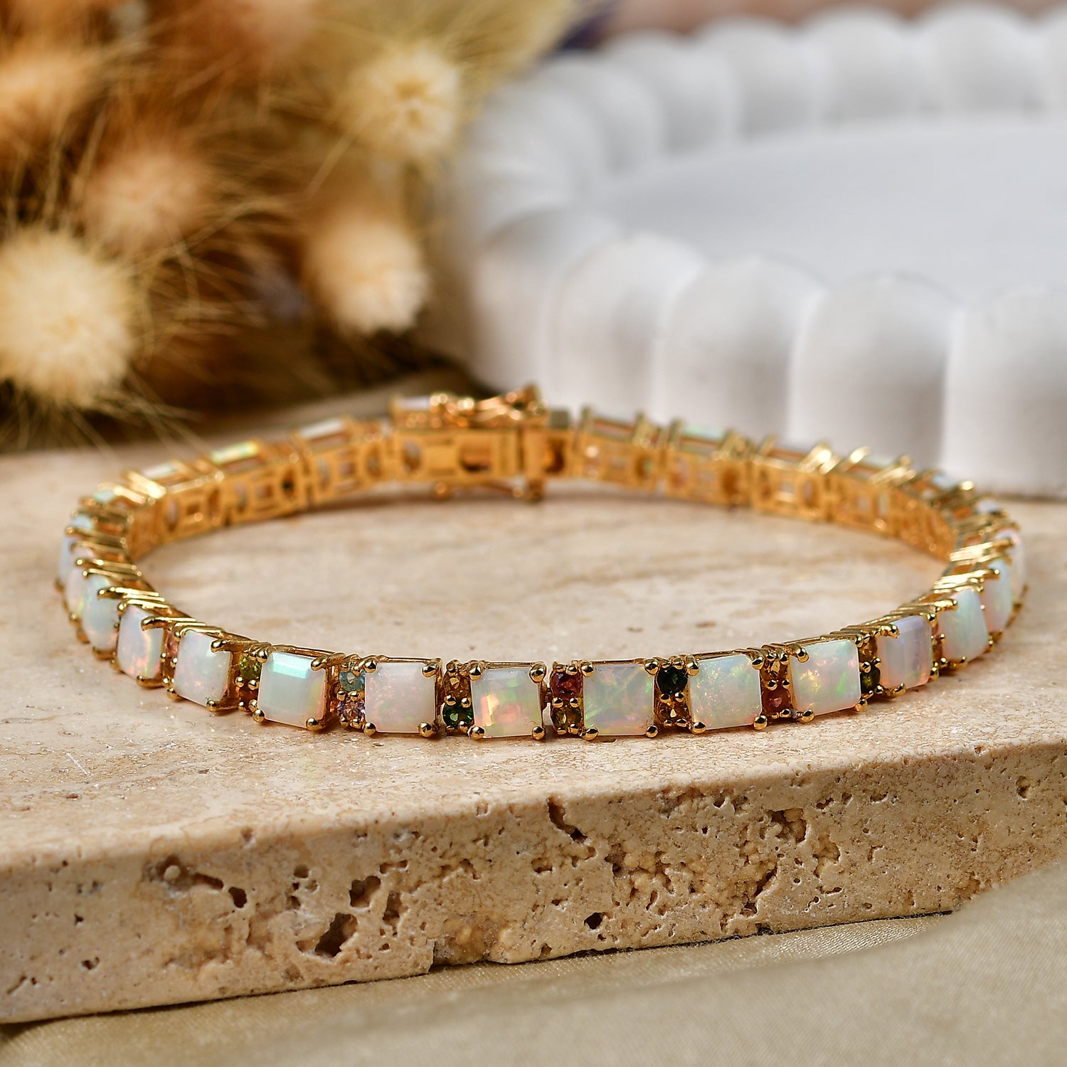 EXKLUSIVES ASSCHERSCHLIFF OPAL - D'Joy AA Natürlicher, äthiopischer Welo Opal, Blauer Turmalin Armband ca. 19 cm 925 Silber 750 Gelbgold vermeil ca. 13.34 ct