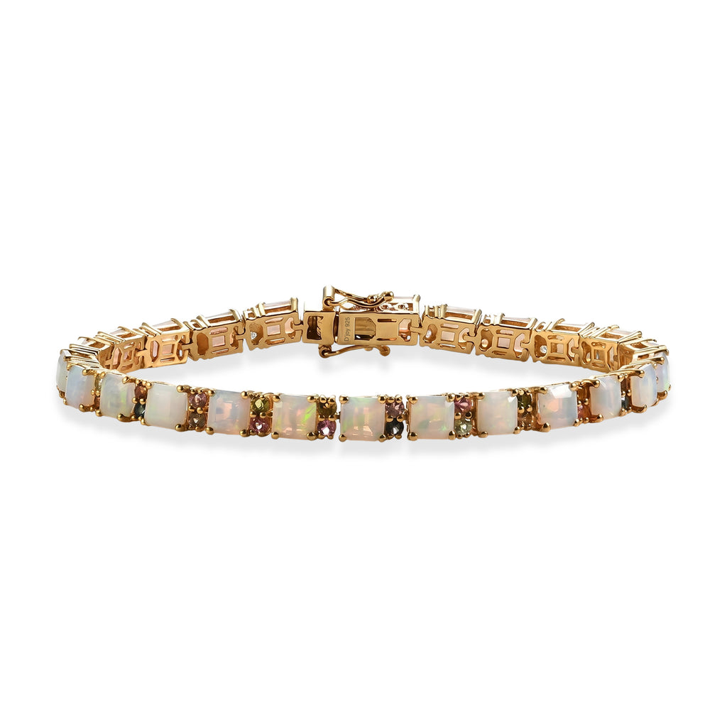 EXKLUSIVES ASSCHERSCHLIFF OPAL - D'Joy AA Natürlicher, äthiopischer Welo Opal, Blauer Turmalin Armband ca. 19 cm 925 Silber 750 Gelbgold vermeil ca. 13.34 ct