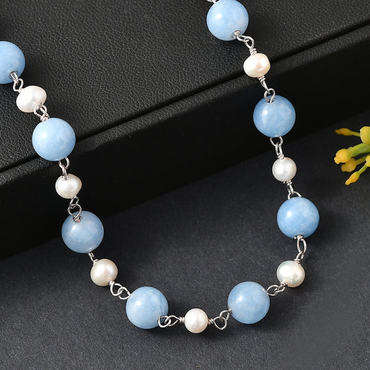 EVER TRUE Aquamarin, Süßwasser Perle Halskette ca. 50 cm Nickelfreies Messing Platiniert 85.00 ct