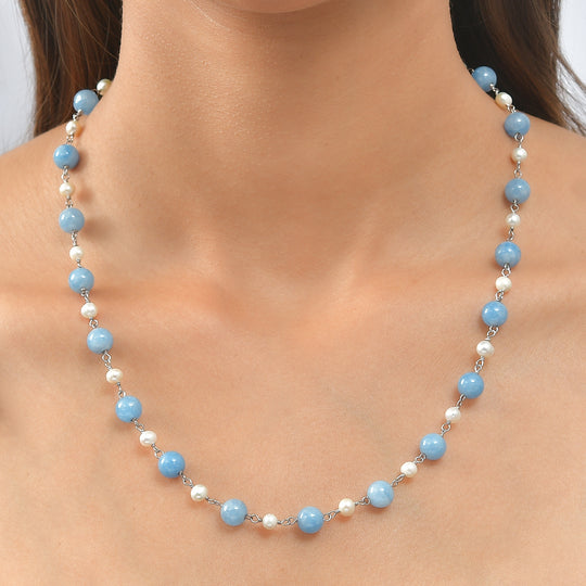 EVER TRUE Aquamarin, Süßwasser Perle Halskette ca. 50 cm Nickelfreies Messing Platiniert 85.00 ct