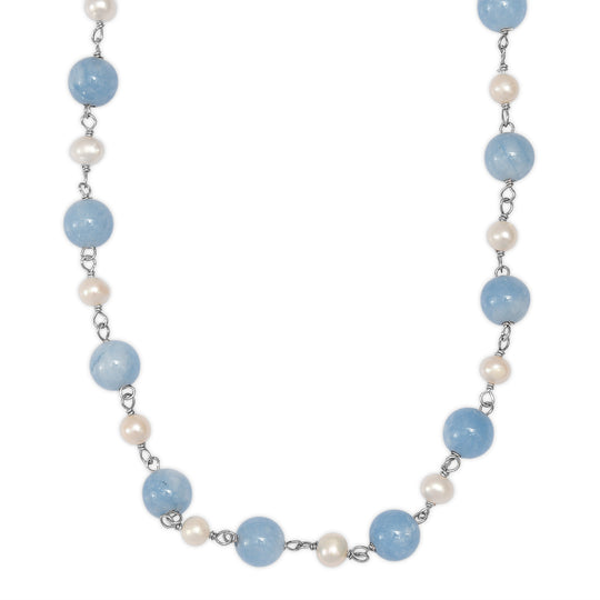 EVER TRUE Aquamarin, Süßwasser Perle Halskette ca. 50 cm Nickelfreies Messing Platiniert 85.00 ct