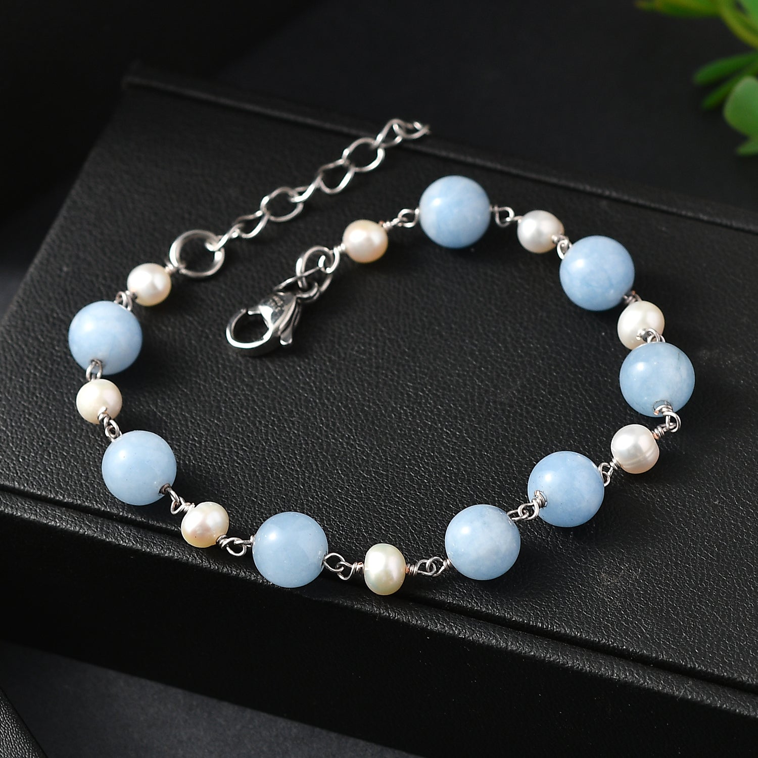 EVER TRUE Milchiger Aquamarin, Süßwasser Perle Armband ca. 19 cm 316L Edelstahl Platiniert 32.00 ct