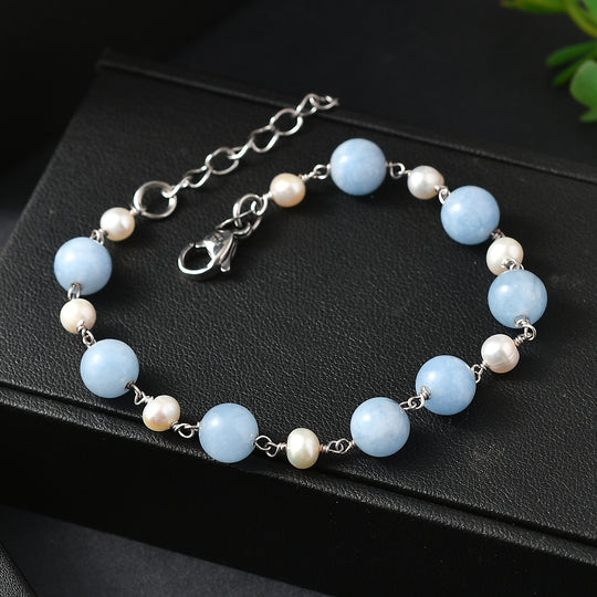 EVER TRUE Milchiger Aquamarin, Süßwasser Perle Armband ca. 19 cm 316L Edelstahl Platiniert 32.00 ct