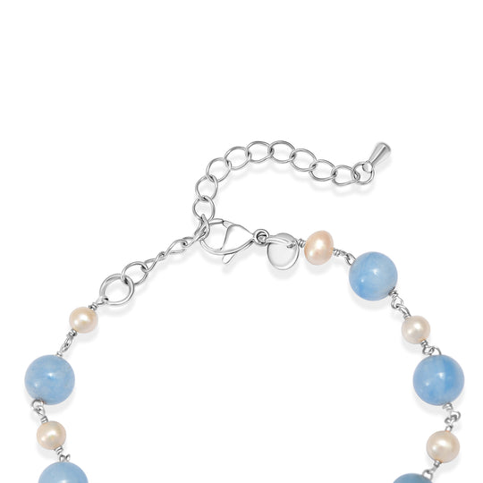 EVER TRUE Milchiger Aquamarin, Süßwasser Perle Armband ca. 19 cm 316L Edelstahl Platiniert 32.00 ct