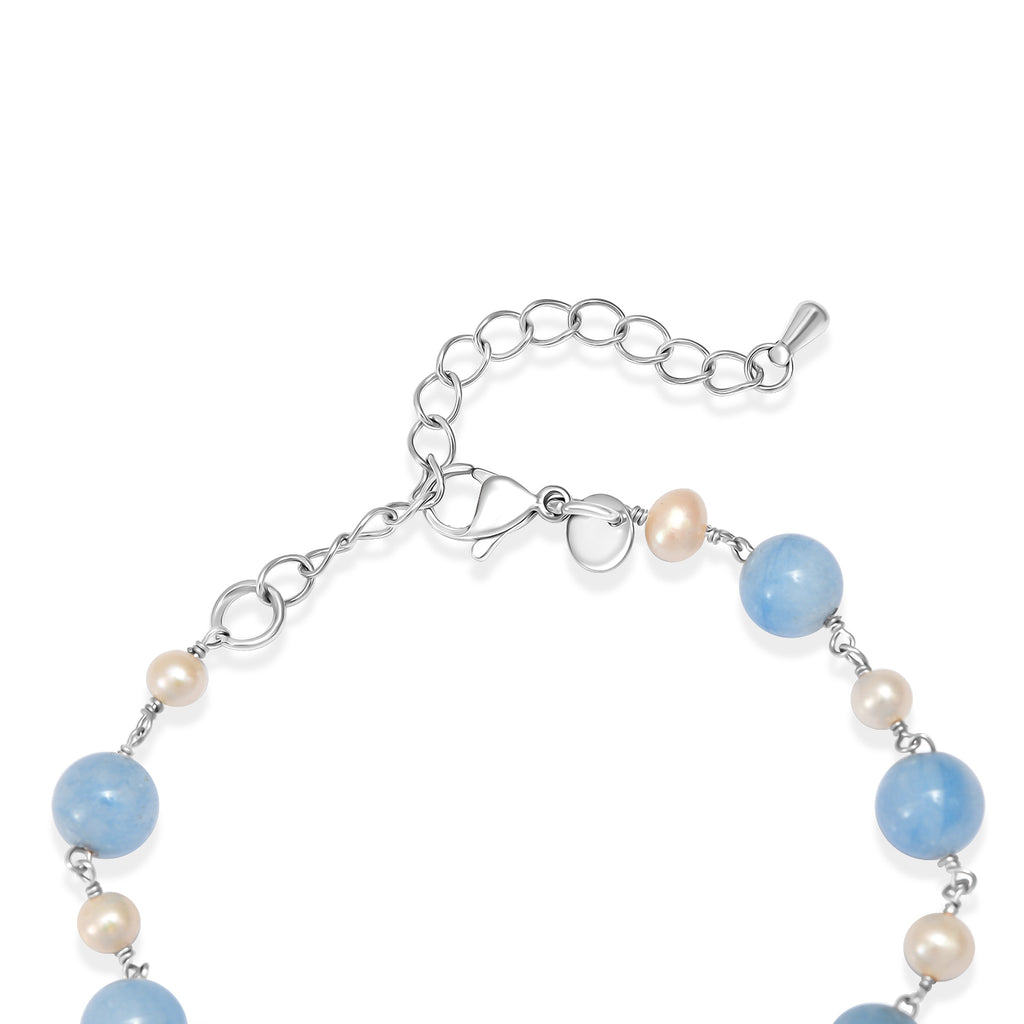 EVER TRUE Milchiger Aquamarin, Süßwasser Perle Armband ca. 19 cm 316L Edelstahl Platiniert 32.00 ct