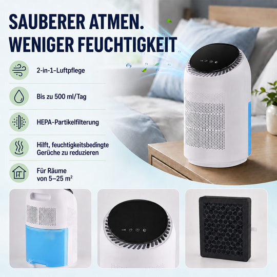2-in-1 Dehumidifier and Air Purifier  1 PC EXTRA FILTER (2 IN 1)                            1. Working voltage: AC100V-240V, 50-60HZ 2. Power: 80w 3. Standard dehumidification capacity: 500mL/D(at 30? and 80%RH 4. Applicable area: 5 to 25 square meters 6