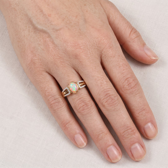D'Joy AA Natürlicher, äthiopischer Welo Opal, Moissanit Ring 925 Silber 585 Vergoldet (Größe 17.00) ca. 0,99 ct