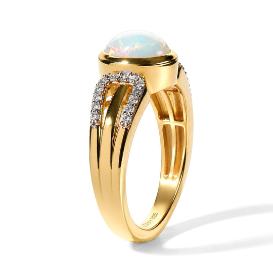 D'Joy AA Natürlicher, äthiopischer Welo Opal, Moissanit Ring 925 Silber 585 Vergoldet (Größe 17.00) ca. 0,99 ct