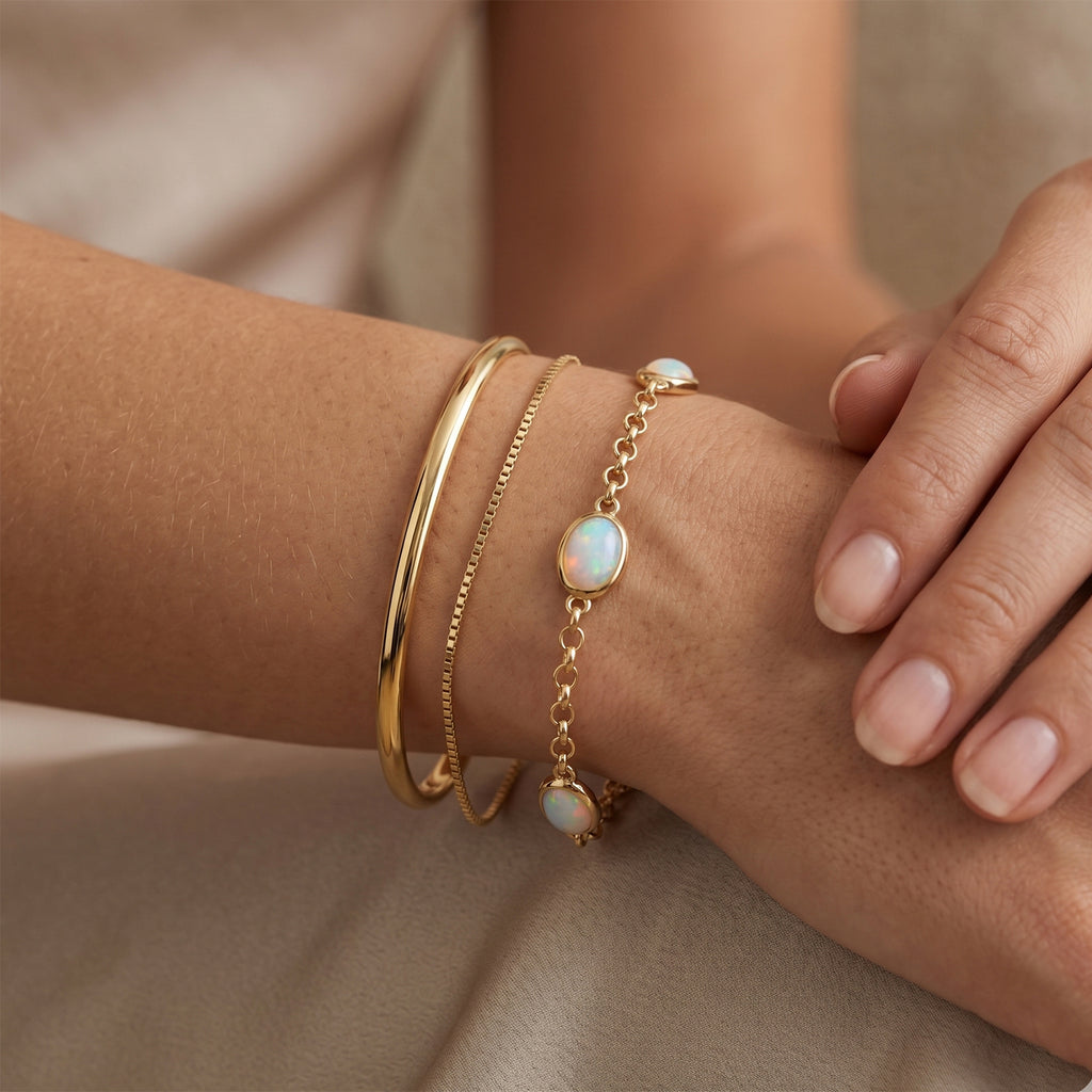 D'Joy AA Natürlicher, äthiopischer Welo Opal Armband ca. 19 cm +2.5 cm Extender 925 Silber 750 Gelbgold vermeil ca. 2,76 ct.