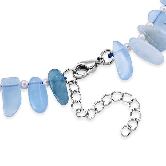 Aquamarin, Weiße Süßwasser Perle (2-3mm) Halskette ca. 45 cm 316L Edelstahl 170.00 ct