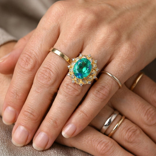 D'Joy Pfau Quarz Triplette, Weißer Zirkon Ring 925 Silber Rhodiniert und 750 Gelbgold Vermeil (Größe 21.00) ca. 5,43 ct