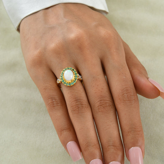 D'Joy AAA Natürlicher, äthiopischer Welo Opal, Kagem Sambischer Smaragd Ring 925 Silber 585 Vergoldet (Größe 19.00) ca. 1,91 ct