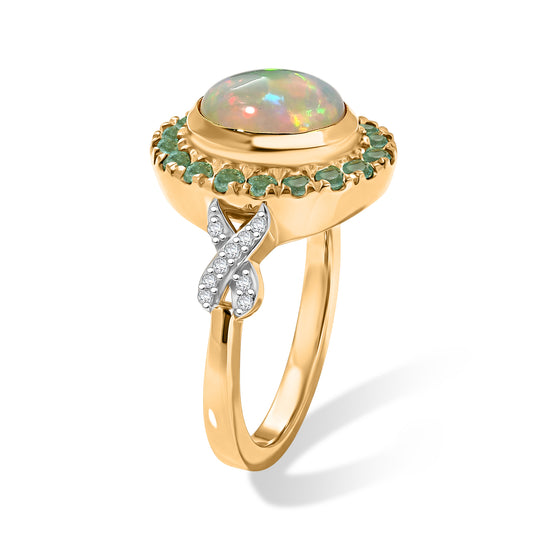 D'Joy AAA Natürlicher, äthiopischer Welo Opal, Kagem Sambischer Smaragd Ring 925 Silber 585 Vergoldet (Größe 19.00) ca. 1,91 ct