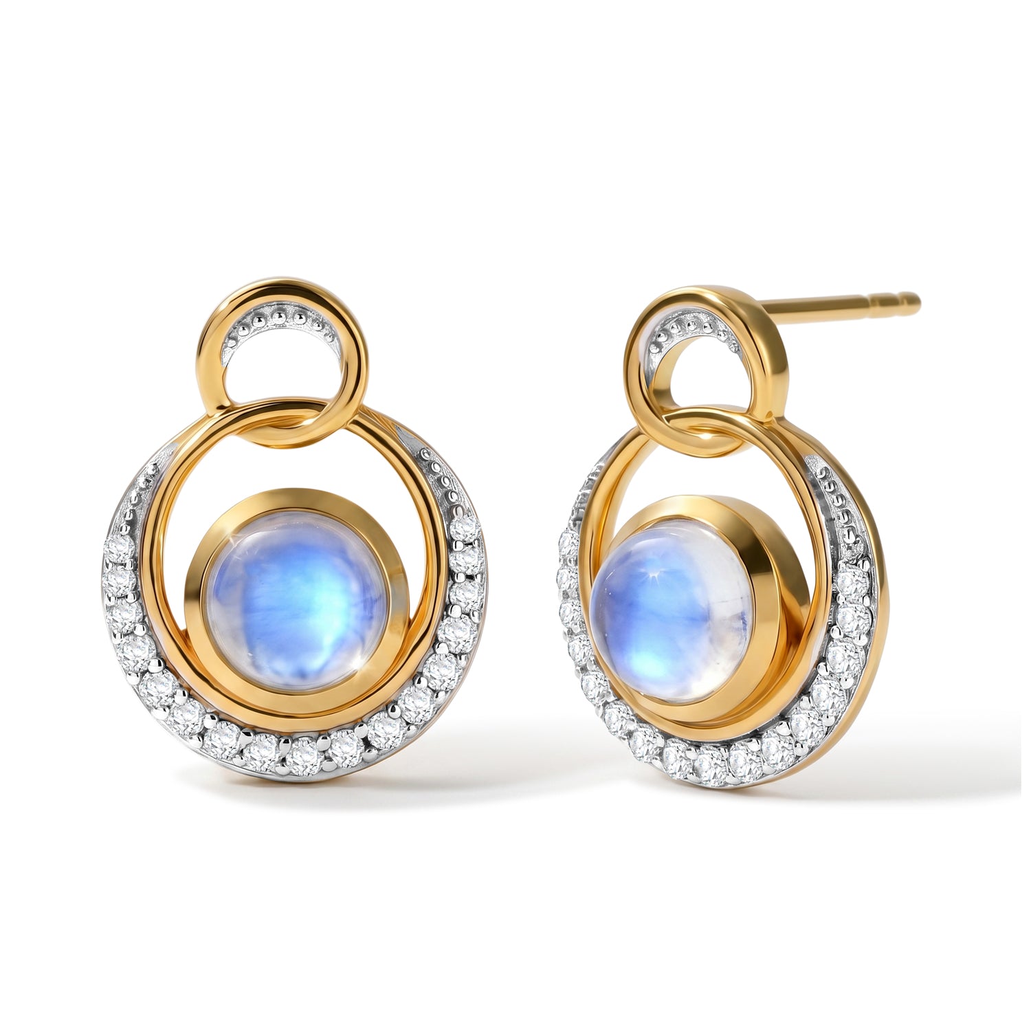 D'Joy Regenbogen Mondstein, Weißer Zirkon Ohrringe 925 Silber 585 Vergoldet ca. 2,44 ct.