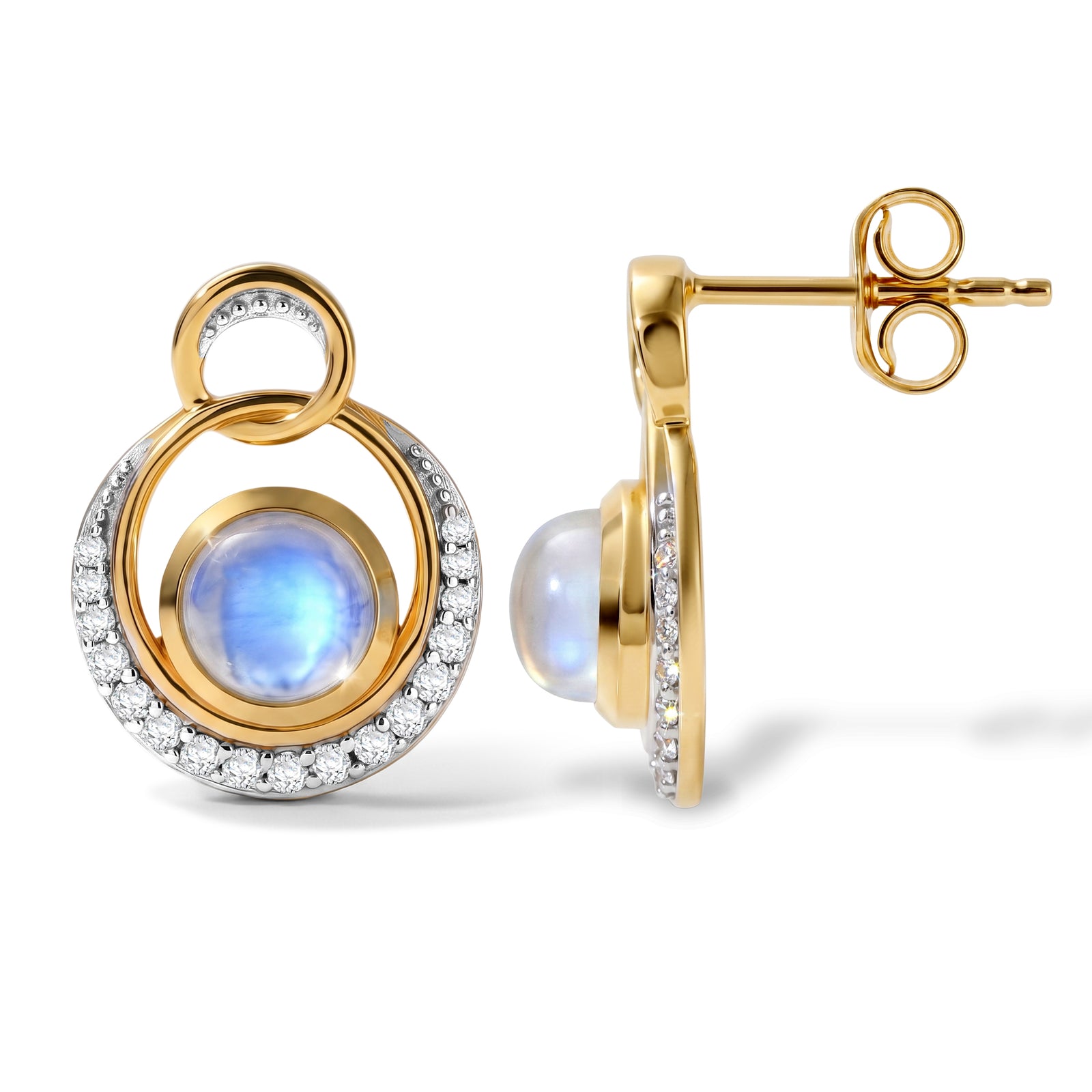 D'Joy Regenbogen Mondstein, Weißer Zirkon Ohrringe 925 Silber 585 Vergoldet ca. 2.44 ct