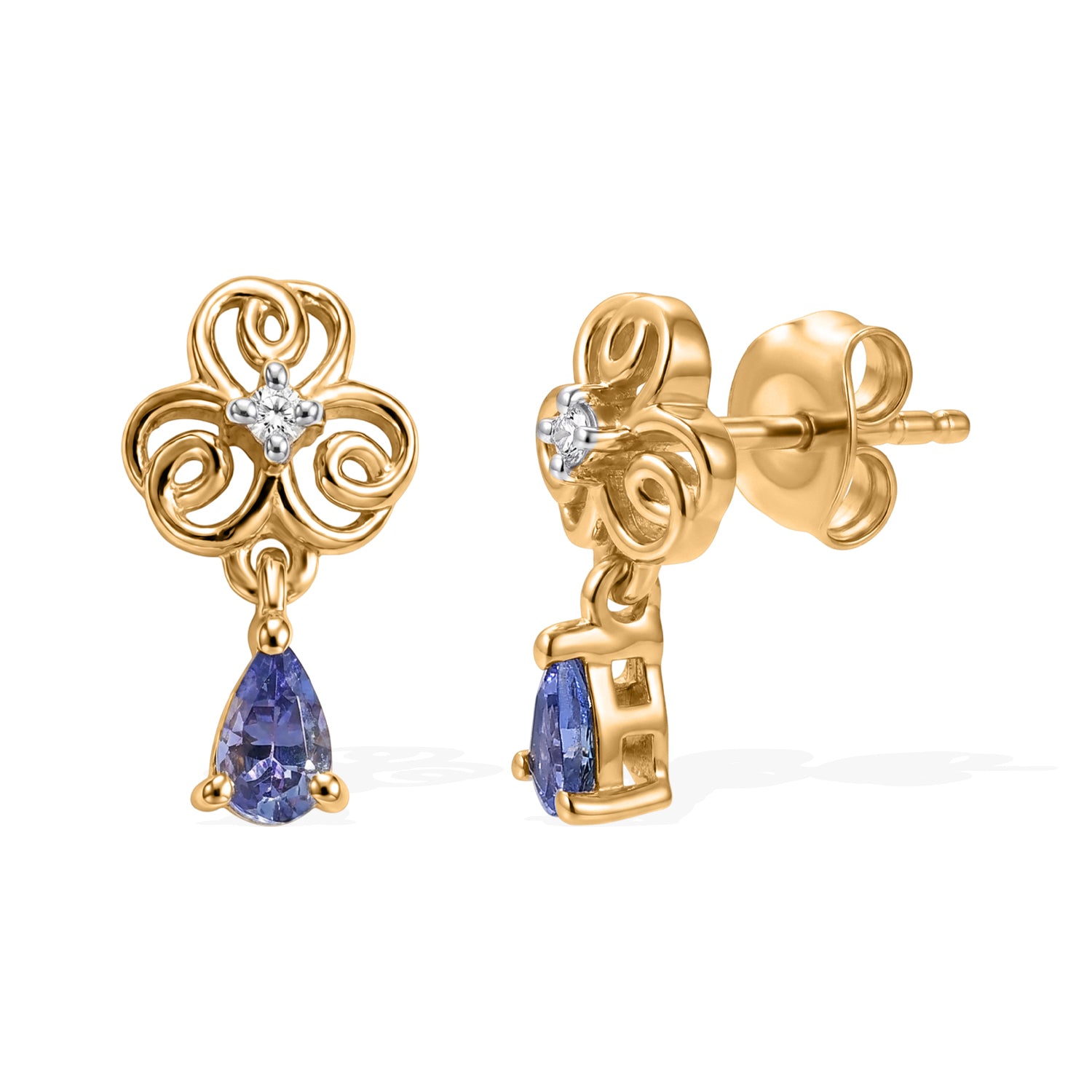 D'Joy AA Tansanit und Diamant Ohrringe, 925 Silber 750 Gelbgold Vermeil - 0,49 ct.