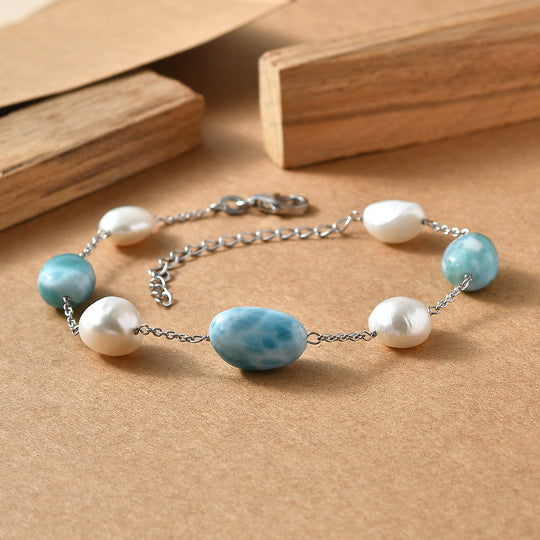 D'Joy Larimar, Süßwasser Perle Armband ca. 19 cm 925 Silber Rhodiniert