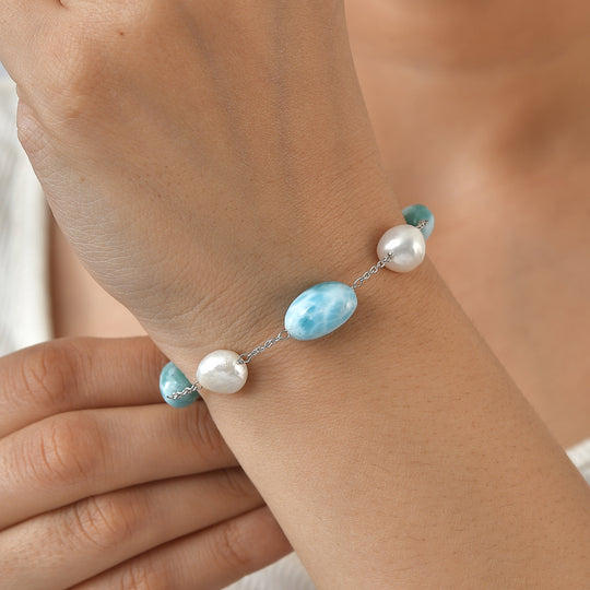 D'Joy Larimar, Süßwasser Perle Armband ca. 19 cm 925 Silber Rhodiniert