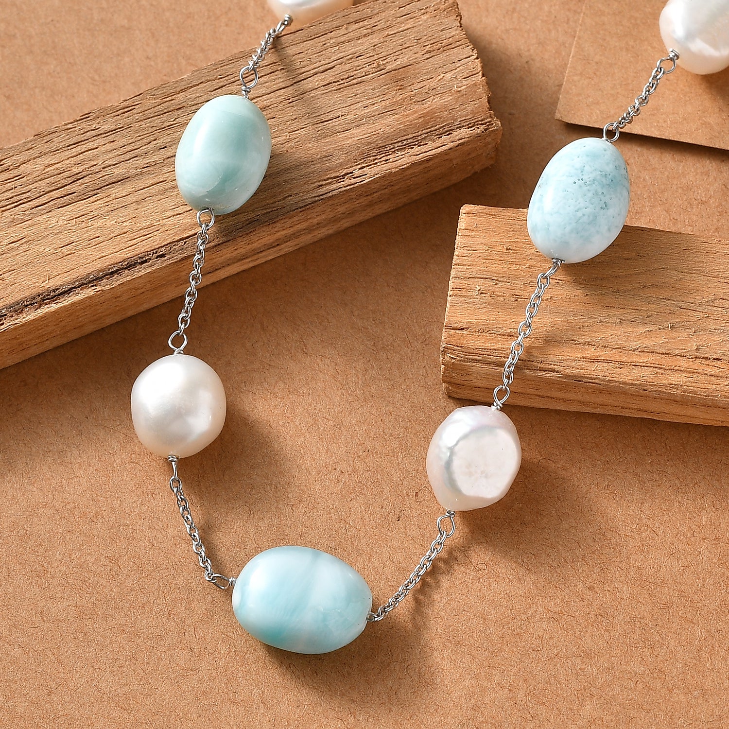 D'Joy Larimar, Süßwasser Perle Halskette ca. 50 cm 925 Silber Rhodiniert 60.00 ct