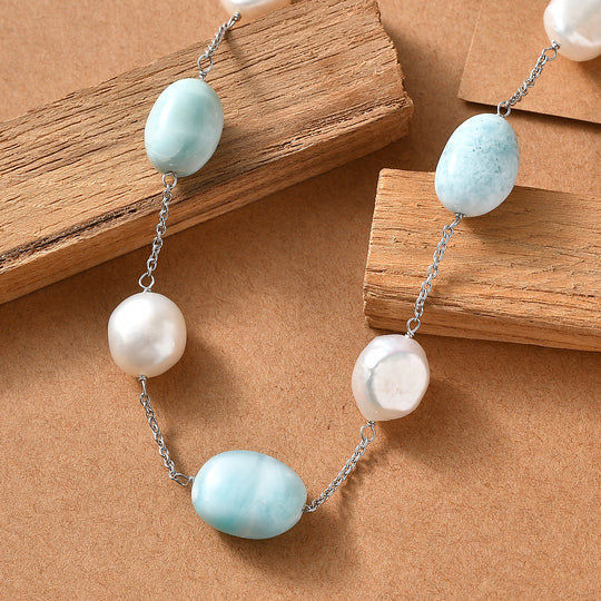 D'Joy Larimar, Süßwasser Perle Halskette ca. 50 cm 925 Silber Rhodiniert 60.00 ct