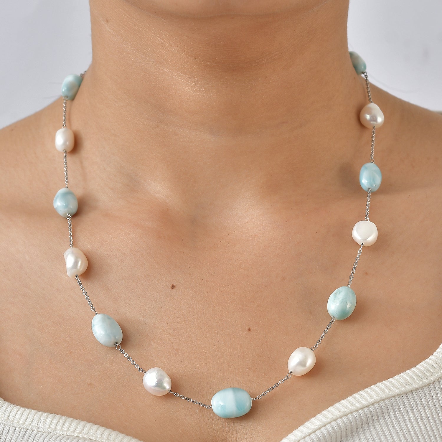 D'Joy Larimar, Süßwasser Perle Halskette ca. 50 cm 925 Silber Rhodiniert 60.00 ct