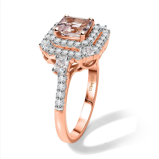 D'Joy AA Rosa Morganit, Moissanit AGI zertifiziert Ring 925 Silber 750 Roségold vermeil (Größe 17.00) ca. 1,71 ct